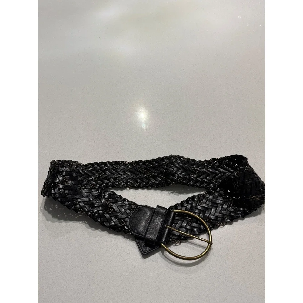 Black Braided Leather Chain Interlaced Wide Belt Antique Brass Circle Buckle